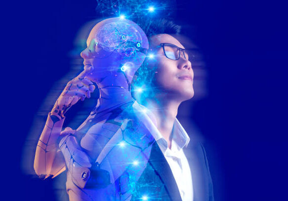 24-29 Business investment and AI artificial intelligence data analysis technology. Businessman and robot future investor, stock market, forex, and crypto currency finance investment.